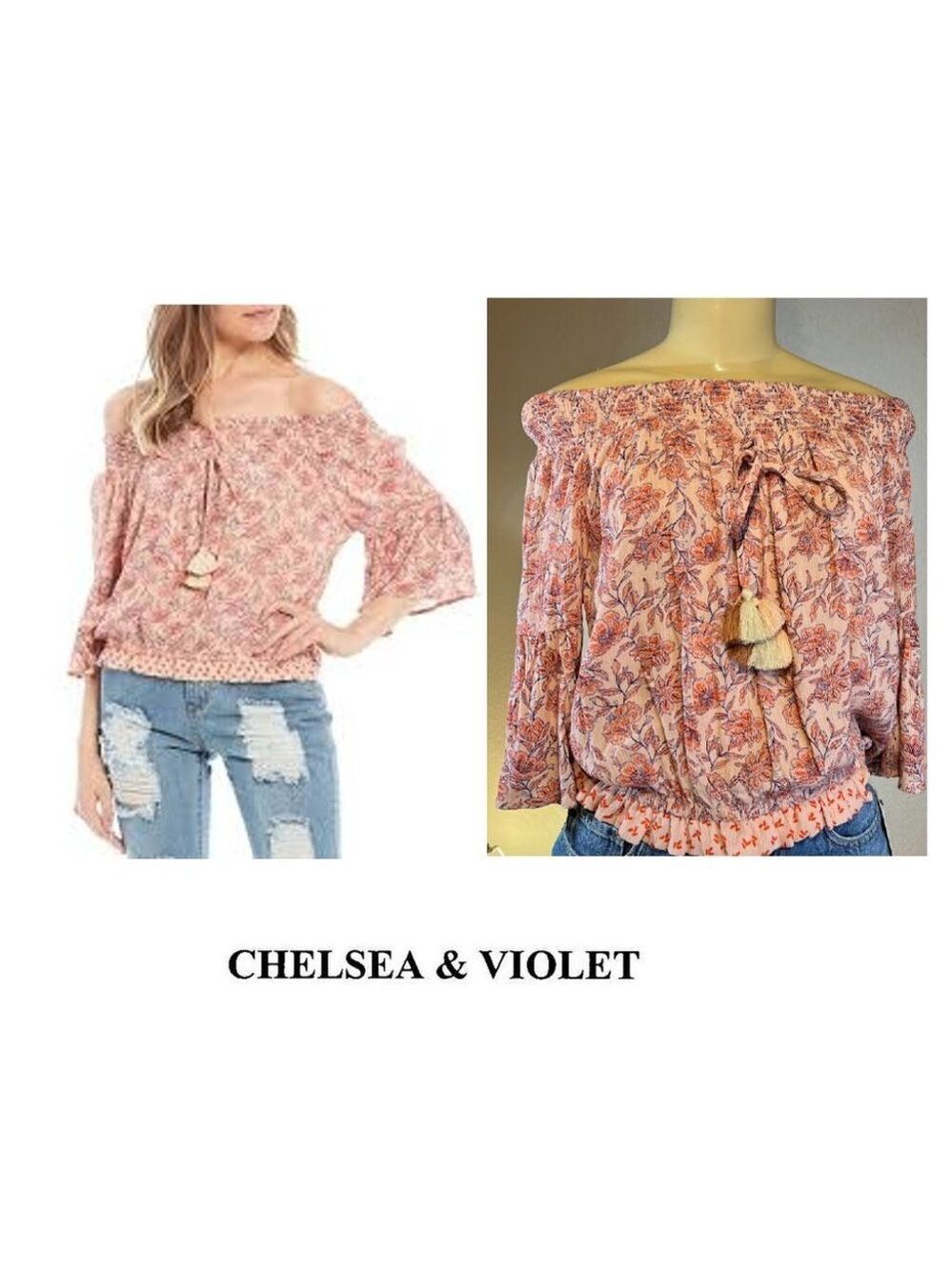 🎩🗝️ NWT $49Chelsea & Violet Boho Coral Floral Off-the-shoulder Top Size XS